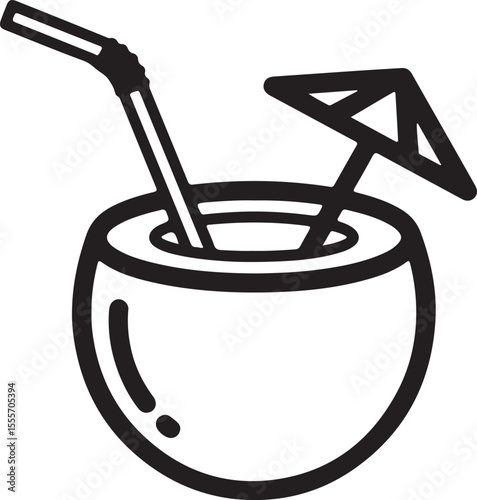 Coconut Drink Icon – Tropical Summer Coconut with Straw and Umbrella Silhouette for Beach, Vacation, Bar, and Cocktail Design