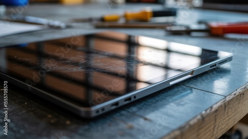 Scratched black tablet on wooden workbench with tools blurred in background