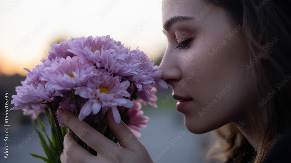 Fototapeta premium Young caucasian female enjoying pink flowers at sunset
