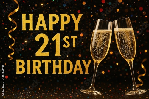 Toasting for a 21st birthday with champagne glasses, celebration with golden details