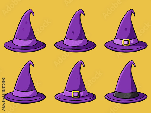Cartoonish Purple Witch Hats with Varying Designs on a Gold Background for Halloween Celebrations Six