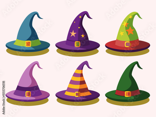 Collection of Six Colorful Cartoon Witch Hats for Halloween Decoration and Party Favors set six