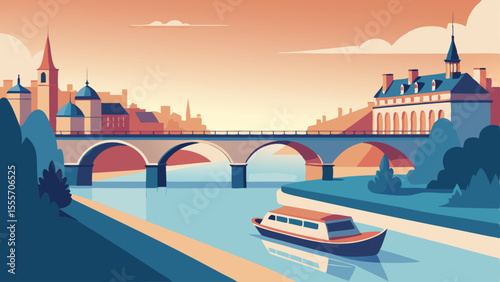 River scene with bridge boat and buildings in soft colors landscape illustration