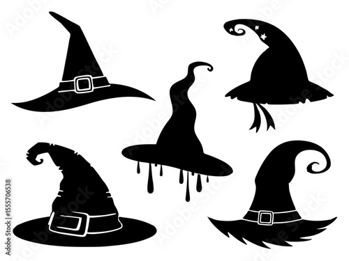 Collection of Five Black Witch Hats in Various Styles for Halloween or Costume Parties set