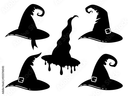 Collection of Five Black Witch Hats in Various Styles for Halloween and Spooky Occasions This