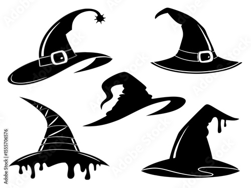 Collection of Five Black Witch Hats in Different Styles for Halloween Illustrations and Designs set