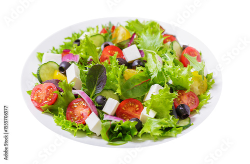 plate of salad with fresh vegetables and feta cheese isolated on transparent background
