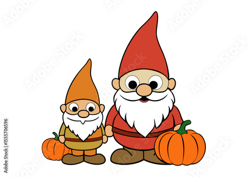 Two Cartoon Gnomes with Pumpkins One Tall with a Red Hat One Shorter with Orange