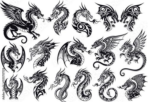 Tribal Dragon Tattoo Vector Set - Mythical Creature Illustrations