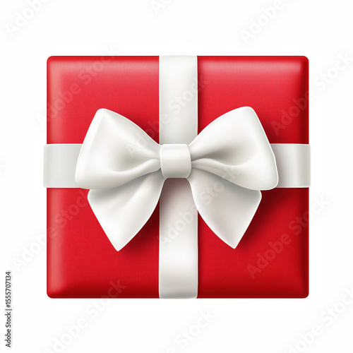 Red gift box with white ribbon isolated on white background