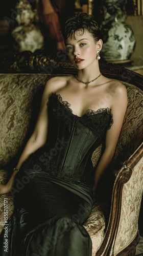 Fashion Photography.Elegant woman in a black strapless dress and pearl earrings rests on an ornate antique chair. Refined and sophisticated portrait.