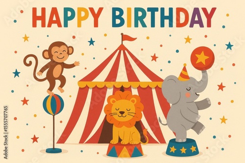 Circus birthday celebration, animals, lion, elephant, fun birthday theme, colorful decorations