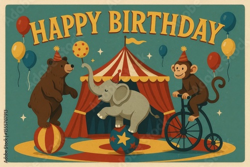 Birthday celebration with circus theme, elephant, lion, colorful birthday decorations