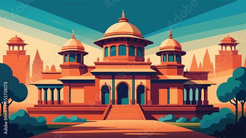 Stylized depiction of a building with domes and blue accents landscape illustration