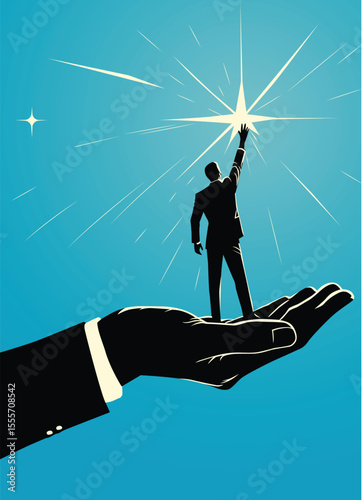 businessman with suit reach for the stars illustration, illustration of achieving dreams vector