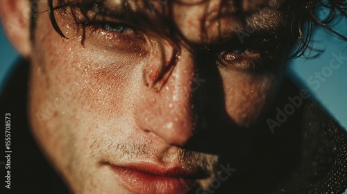Fashion Photography.Intense close-up of a man's face with sweat droplets, capturing emotion and depth in chiaroscuro lighting.