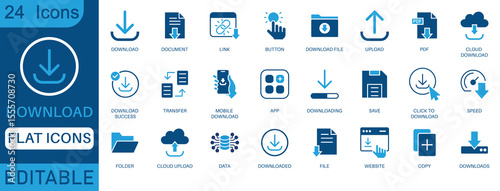 Download icon set. Containing upload, document, link, download file, folder, data and PDF icons. perfect flat icon collection.