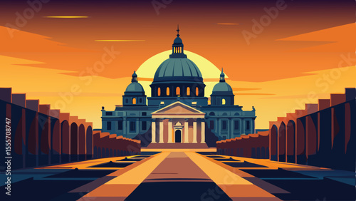 A building with a dome and arches at sunset or sunrise time landscape illustration