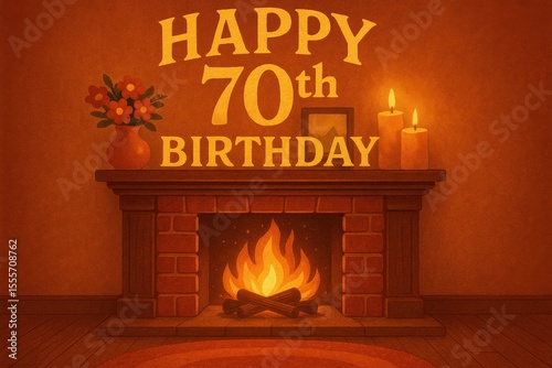Warm cozy 70th birthday celebration, birthday cake, candles, fireplace, festive milestone