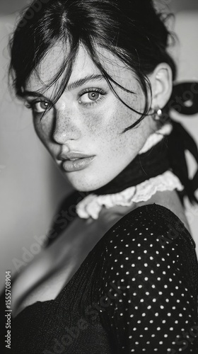 Fashion Photography.Monochrome portrait of a woman with freckles, fair skin and dark hair pulled back, gazing directly at the viewer in a studio setting.