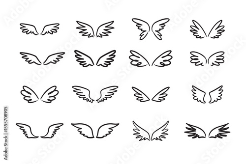 Doodle hand drawn Sketch angel wings. Line wing drawing 