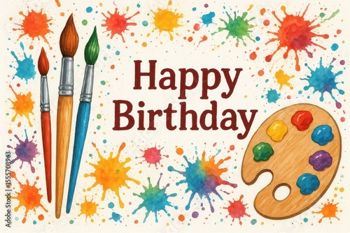 Artistic birthday celebration, colorful splashes, paint palette, festive theme, joyful birthday celebration
