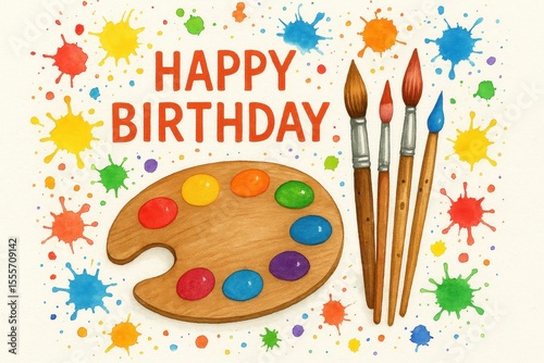 Artistic birthday card with paint palette, colorful splashes, festive birthday celebration