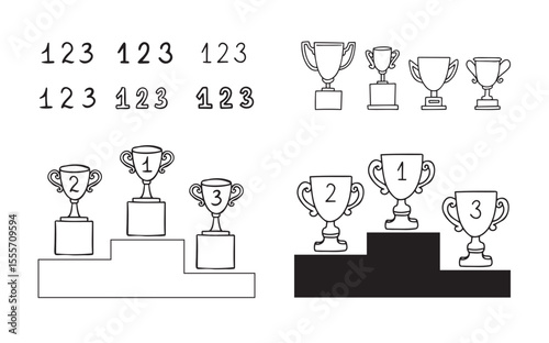 Doodle line trophy winner podium. Winners cups. Drawing icon. 1, 2, 3 place. Win hand drawn style