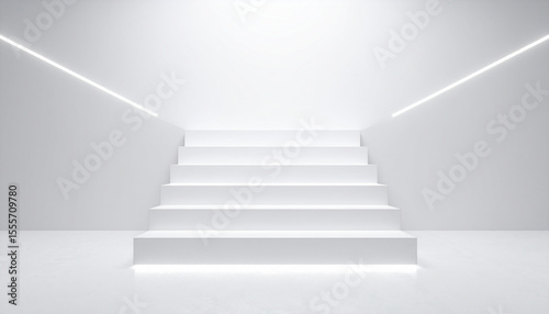 Showroom with stairs in empty space of white throughout.