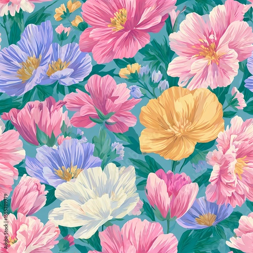 Wallpaper Mural Seamless pattern of gouache floral bouquets featuring vibrant pastel blooms, soft brush lines, and artistic elegance Torontodigital.ca