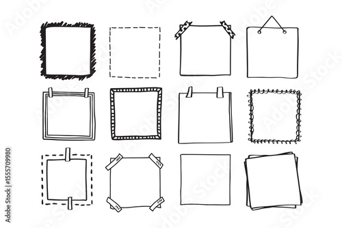 Handdrawn set of square scribbles frame. Doodle line empty frames
