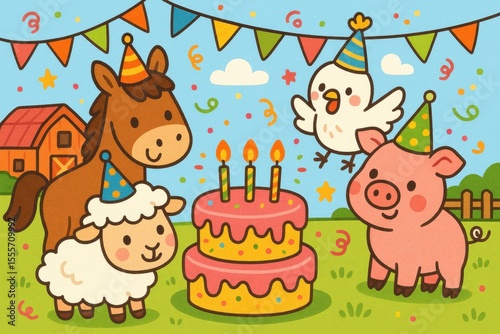 Farm birthday party, animals, birthday cake, playful farm animals, festive birthday theme