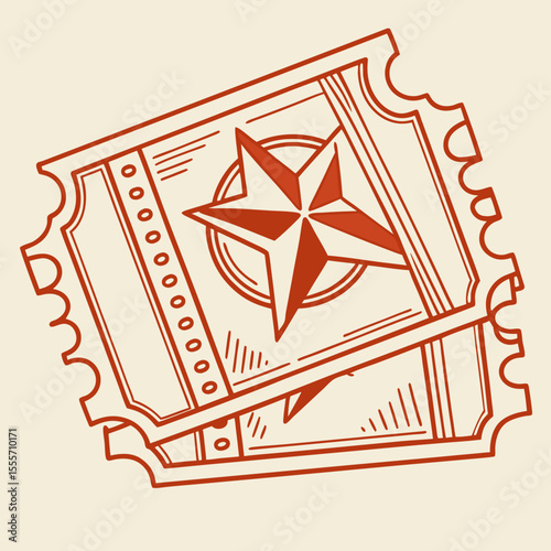 Vintage Tickets with Star Design, Red Line Art
