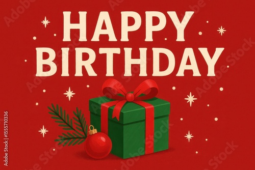 Happy Birthday with festive gift box and vibrant colors, joyful celebration theme