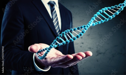 Businessman Holding Glowing Blue DNA Helix