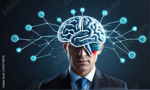 Digital Brain Overlay on Businessman in Dark Suit