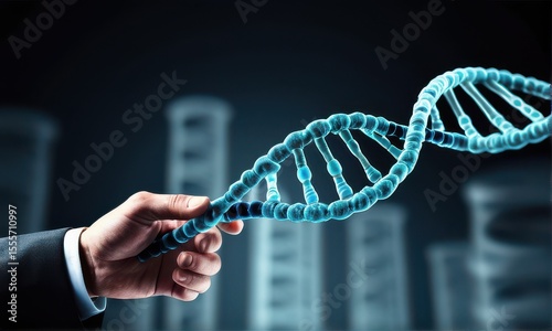 Hand Holding Glowing Blue DNA Helix Against Blurred Laboratory Background