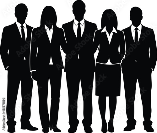 Business group silhouettes. A group of 3–5 professionals standing side by side. Flat black vector.