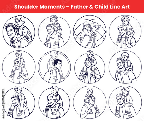Father and Son on Shoulders Line Art Happy Parenting, Love, and Family Togetherness Icons