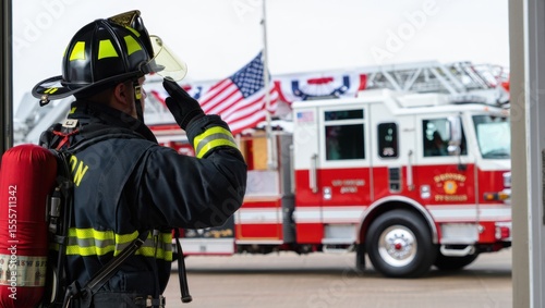 Dedicated Firefighter Saluting While Honoring Service and Sacrifice Amidst a Fire Truck Displaying Patriotism and Unity
