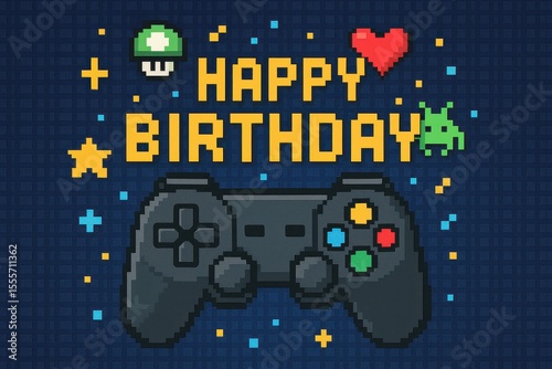 Gaming-themed birthday celebration with controllers, pixelated graphics, colorful Happy Birthday
