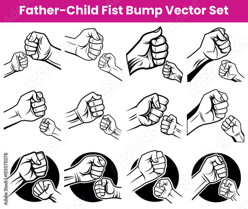 Father Child Fist Bump Set Line Art Illustrations of Parental Bonding Gestures