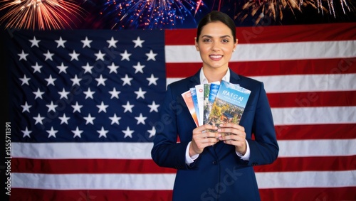 A Confident Professional Holding Travel Brochures in Front of an American Flag with Fireworks in the Background Celebrating National Pride and Exploration