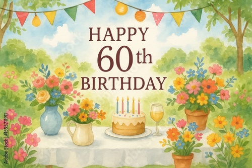 Outdoor garden birthday with flowers, chairs, festive birthday theme, vibrant setting