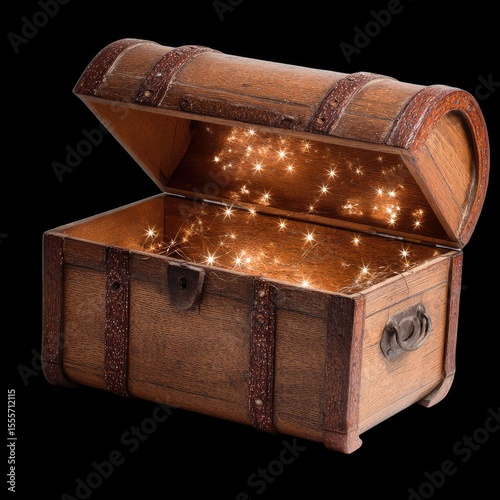 Wooden Treasure Chest with Sparkling Lights and Open Lid