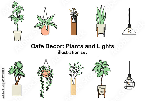 カフェ風のインテリアを彩る観葉植物とペンダントライトのベクターイラストセット｜観葉植物,ライト,吊り下げ照明,鉢植え,植物