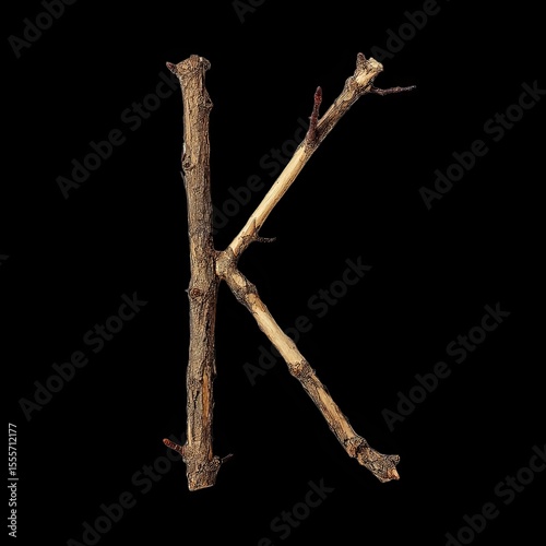 Unique Letter K Formed by Natural Twigs Sticks on Black Background