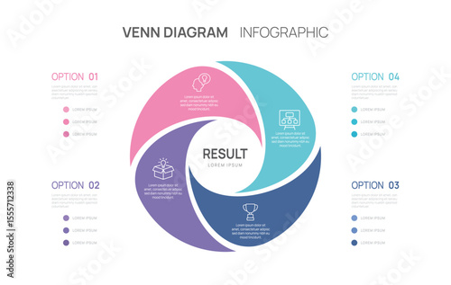 Venn diagram infographic chart template for business 4 options presentation with icons elements vector illustration.