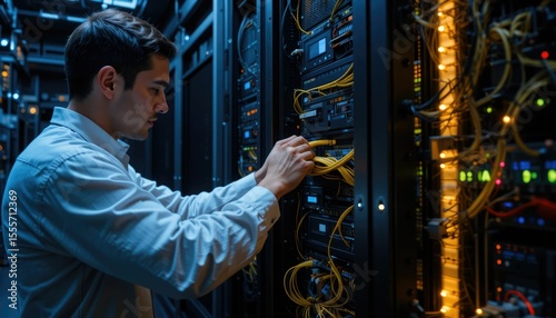 Technician plugging fiber optic cables into a high-speed data server rack in a dark, glowing tech environment