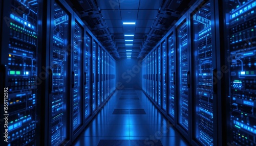 Quantum computer in a dark data center glowing with blue light, concept of next-generation computing and quantum processing
